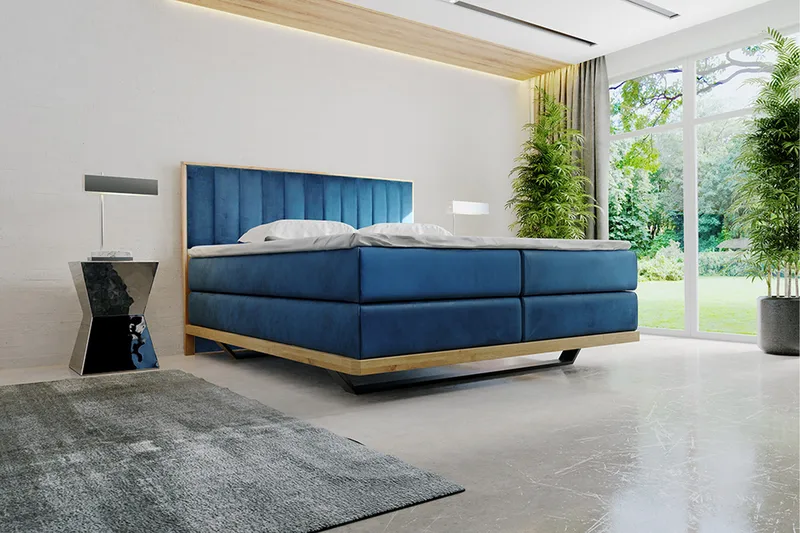 Oslund Sengepakke – Kontinentalseng 140x200 cm i Fløyel med Sengegavl + Overmadrass, Blå