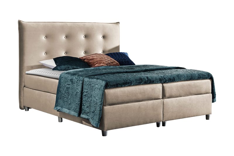 Prato Sengepakke – Kontinentalseng 140x200 cm i Stoff med Sengegavl + Overmadrass, Lys Beige