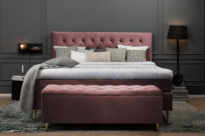 Royal Velvet Komplett Sengepakke 160x200 cm - Rosa Fløyel/Lave Gullben - Møbler - Senger - Kontinentalsenger