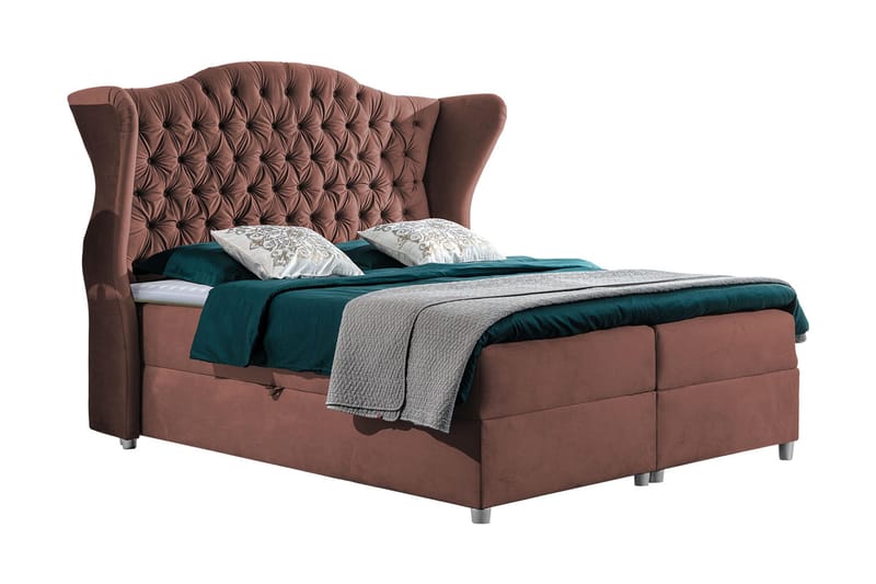 Sengepakke – Kontinentalseng 120x200 cm i Stoff med Oppbevaring og Sengegavl + Overmadrass med Fasthetsgrad Medium, Rosa