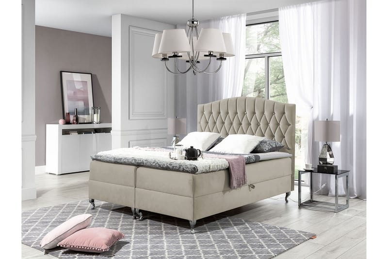Sengepakke – Kontinentalseng 140x200 cm med Sengegavl + Overmadrass med Fasthetsgrad Medium - Beige - Møbler - Senger - Kontinentalsenger