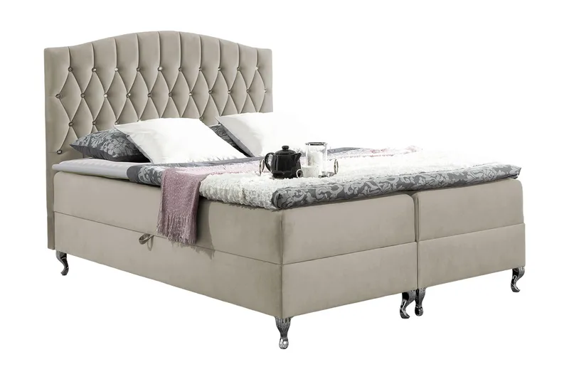 Sengepakke – Kontinentalseng 140x200 cm med Sengegavl + Overmadrass med Fasthetsgrad Medium, Beige