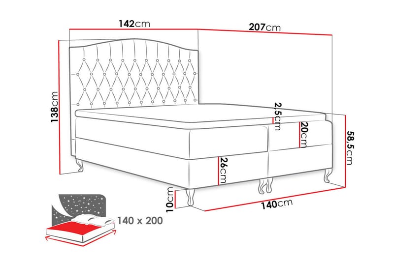 Sengepakke – Kontinentalseng 140x200 cm med Sengegavl + Overmadrass med Fasthetsgrad Medium - Rød - Møbler - Senger - Kontinentalsenger