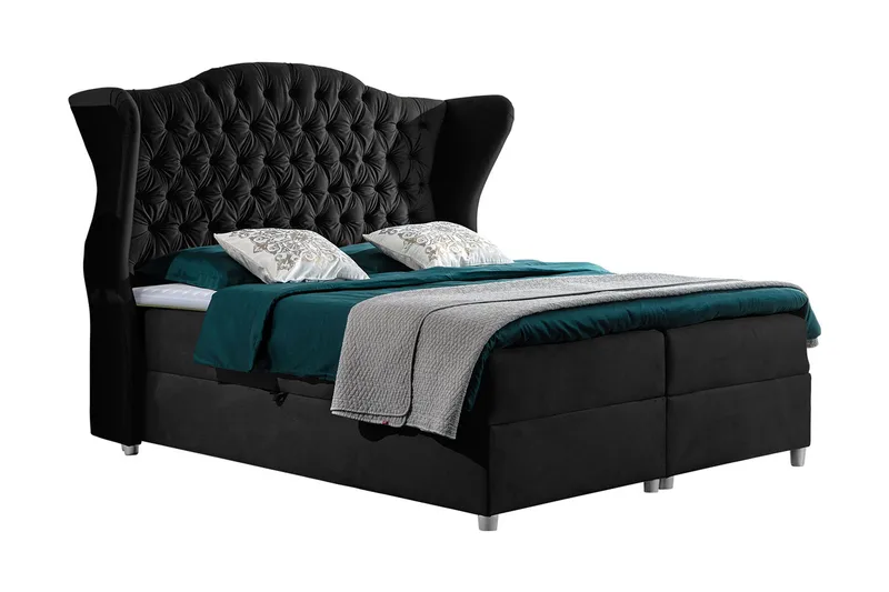 Sengepakke – Kontinentalseng 180x200 cm med Sengegavl + Overmadrass med Fasthetsgrad Medium, Svart