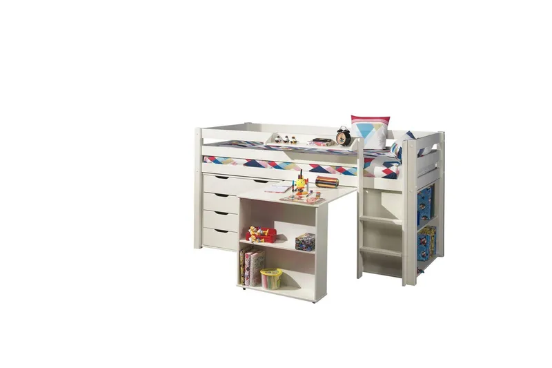 Middelseng med skrivebord, bokhylle og skap med 4 dører med hylle Pino