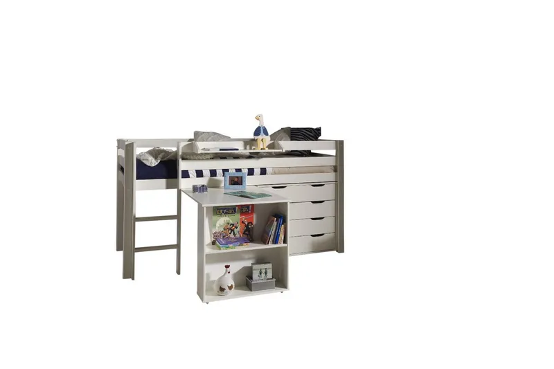 Middelseng med skrivebord og skap med 4 dører med hylle Pino