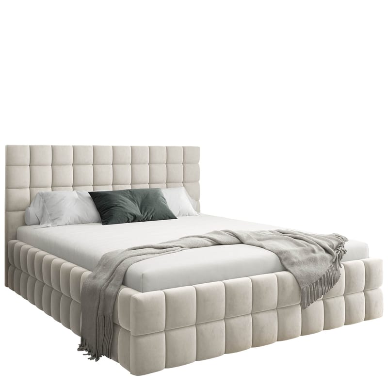 Morke Sengeramme med Oppbevaring 140x200 cm i Fløyel med Understell i Tre, Beige