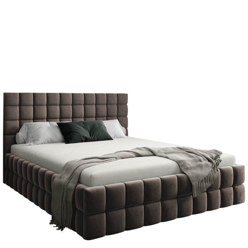 Morke Sengeramme med Oppbevaring 140x200 cm i Fløyel med Understell i Tre, Brun
