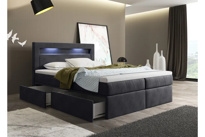 Oscar Kontinentalseng 140x200 cm med Sengegavl + Overmadrass med Fasthetsgrad Medium, Antrasitt