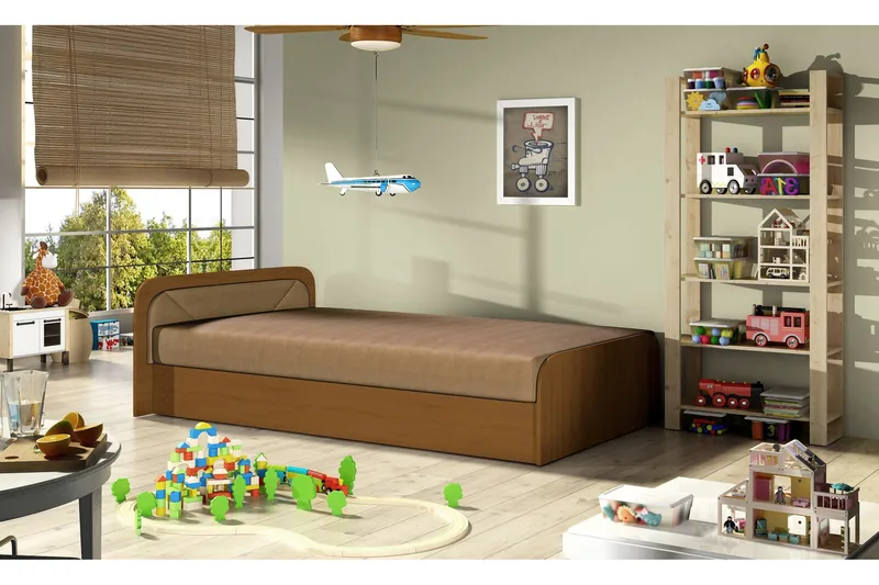 Bohi Sengepakke – Sengeramme 80x190 cm i Stoff med Sengegavl + Overmadrass med Trearamme, Brun