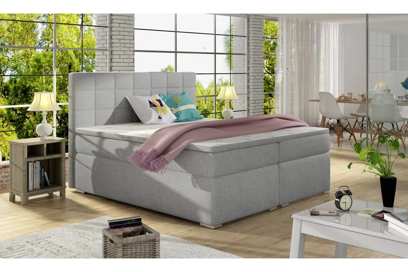 Cassaundra Sengepakke – Sengeramme 160x200 cm i Stoff med Sengegavl + Overmadrass, Grå