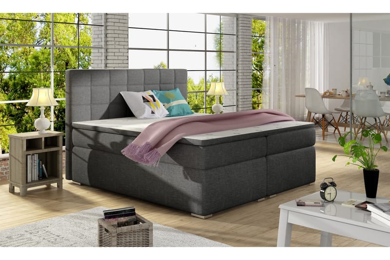 Cassaundra Sengepakke – Sengeramme 180x200 cm i Stoff med Sengegavl + Overmadrass - Grå - Møbler - Senger - Senger med oppbevaring