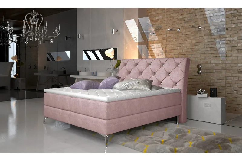 Comine Sengepakke – Sengeramme 160x200 cm i Stoff med Sengegavl + Overmadrass, Rosa