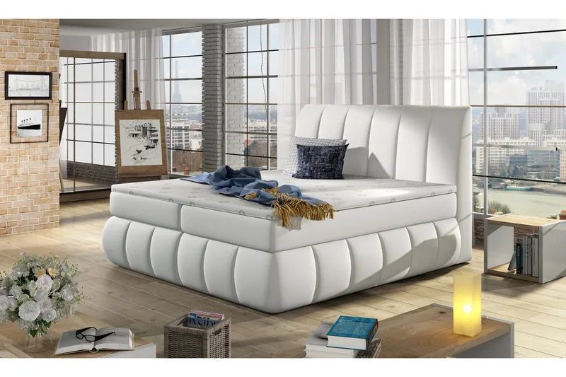 Fabara Sengepakke – Sengeramme 140x200 cm i Kunstlær med Sengegavl + Overmadrass, Hvit