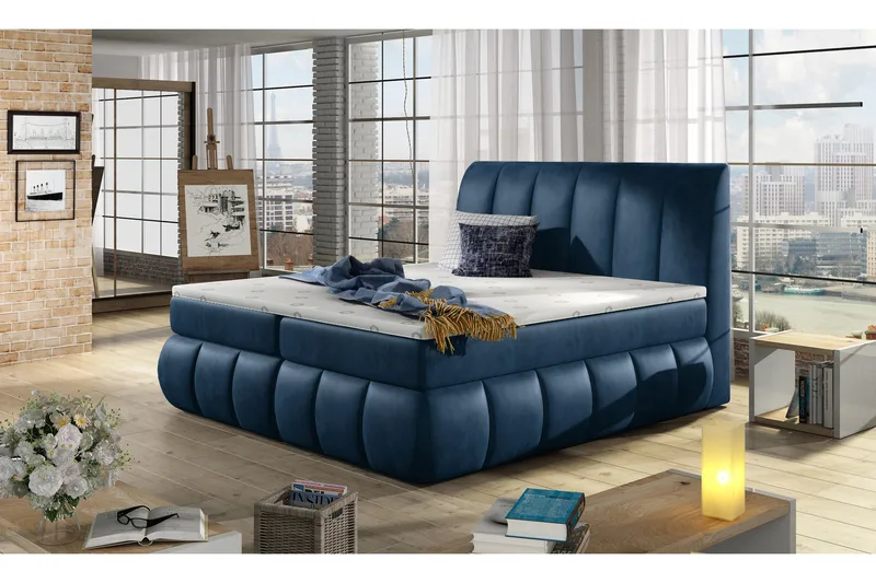 Fabara Sengepakke – Sengeramme 140x200 cm i Stoff med Sengegavl + Overmadrass, Blå