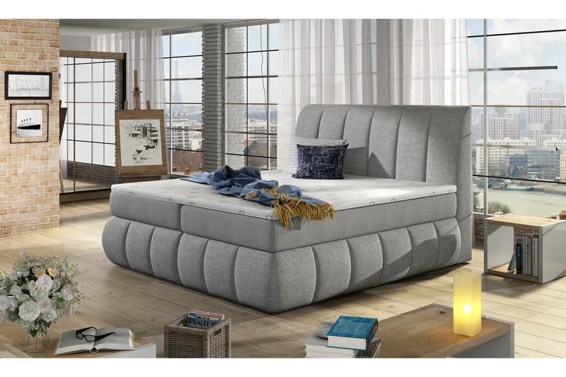 Fabara Sengepakke – Sengeramme 180x200 cm i Stoff med Sengegavl + Overmadrass, Grå