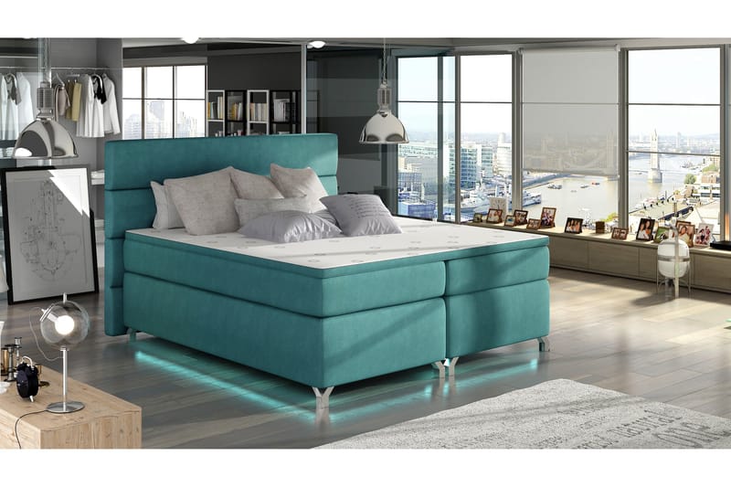 Rodgerez Sengepakke – Dobbeltseng 140x200 cm i Stoff med Sengegavl + Overmadrass, Turkis