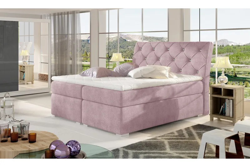 Sutra Sengepakke – Dobbeltseng 140x200 cm i Stoff med Sengegavl + Overmadrass, Rosa