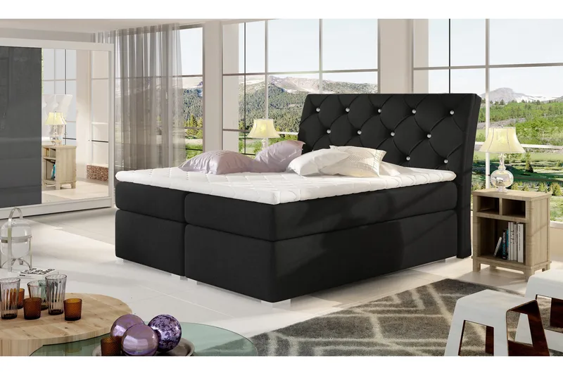 Sutra Sengepakke – Dobbeltseng 160x200 cm med Oppbevaring og Sengegavl + Overmadrass, Svart