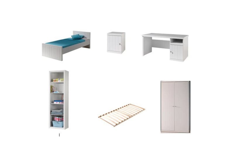 Seng med lamellbunn, nattbord, garderobe, skrivebord, bokhylle Robin - Møbler - Senger - Møbelsett til soverom