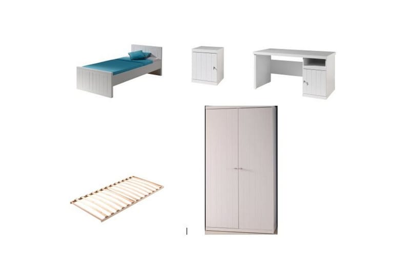 Seng med lamellbunn, nattbord, garderobe, skrivebord Robin - Møbler - Senger - Møbelsett til soverom