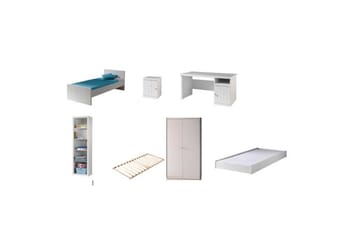 Seng med lamellbunn, skuff, nattbord, garderobe, bokhylle, skrivebord Robin - Møbler - Senger - Møbelsett til soverom