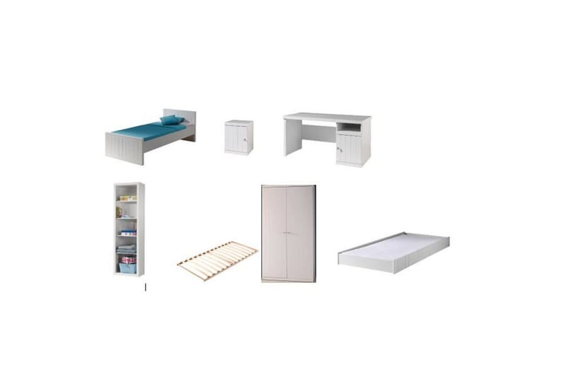 Seng med lamellbunn, skuff, nattbord, garderobe, bokhylle, skrivebord Robin - Møbler - Senger - Møbelsett til soverom