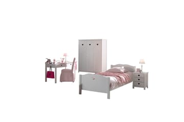 Seng med lamellbunn nattbord garderobe skrivebord Amori Hvit 3-dører - 3-dører - Møbler - Senger - Møbelsett til soverom
