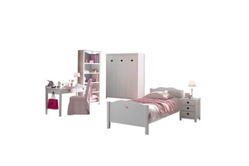 Seng med lamellbunn nattbord garderobe skrivebord bokhylle Amori Hvit 2-dørs - 2-dørs - Møbler - Senger - Møbelsett til soverom