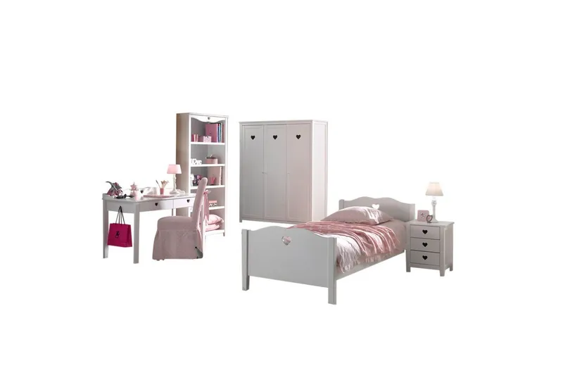 Seng med lamellbunn nattbord garderobe skrivebord bokhylle Amori Hvit 2-dørs, 2-dørs