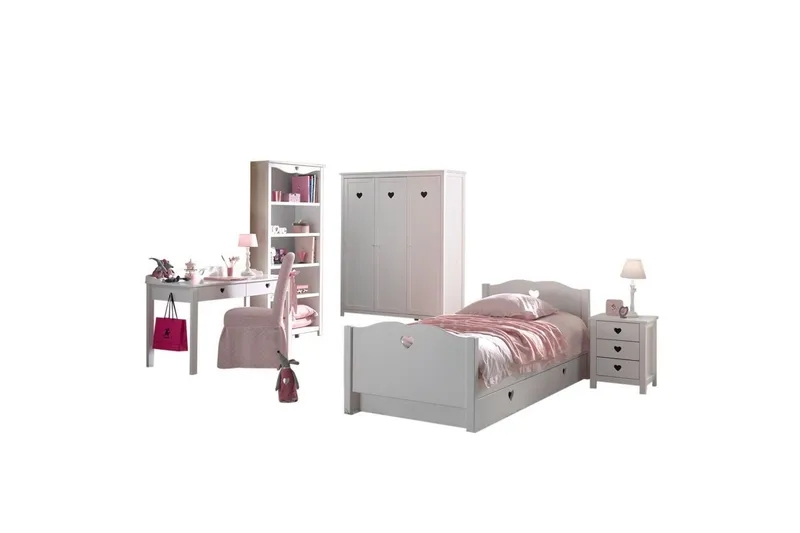 Seng med lamellbunn nattbord garderobe skrivebord bokhylle skuff Amori Hvit