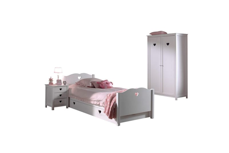 Seng med lamellbunn nattbord garderobe skuff Amori Hvit 2-dørs, 2-dørs