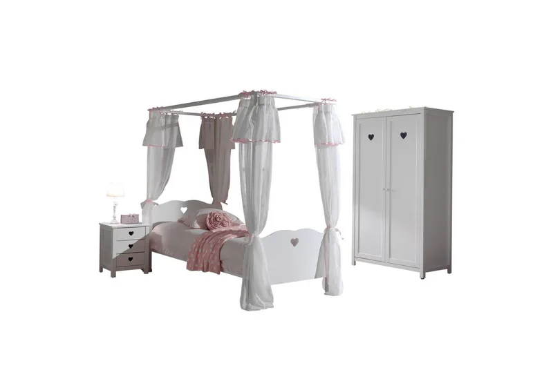 Seng med lamellbunn nattbord garderobe tekstilsett Amori Hvit