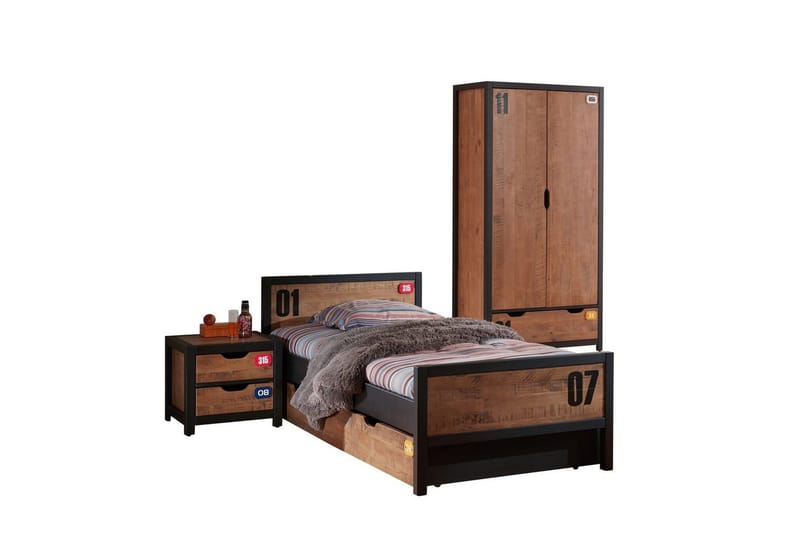 Seng med lamellbunn skuff nattbord 2-dørs garderobe Alex