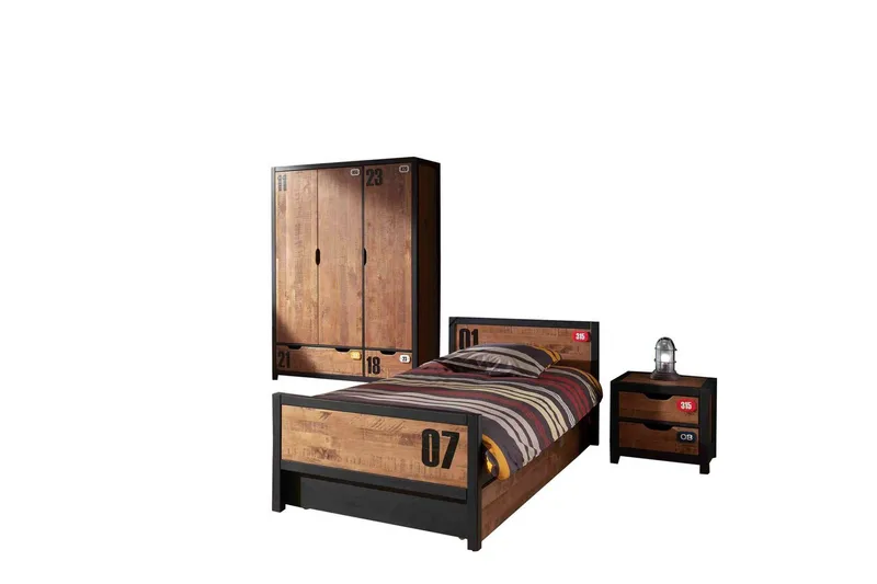 Seng med lamellbunn skuff nattbord 3-dørs garderobe Alex