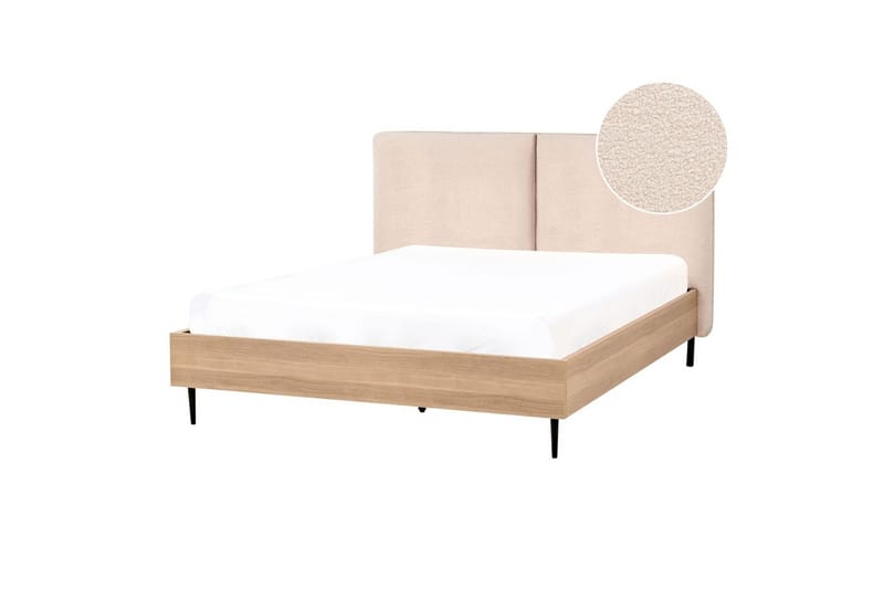 Seng med lamellramme Limanton - Beige, lyst tre, svart/bouclé, Beige, lyst tre, svart/Bouclé, 140x200 cm - Møbler - Senger - Sengeramme & sengestamme
