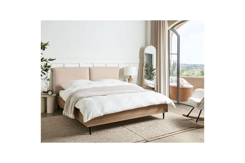 Seng med lamellramme Limanton - Beige, lyst tre, svart/bouclé, Beige, lyst tre, svart/Bouclé, 160x200 cm - Møbler - Senger - Sengeramme & sengestamme