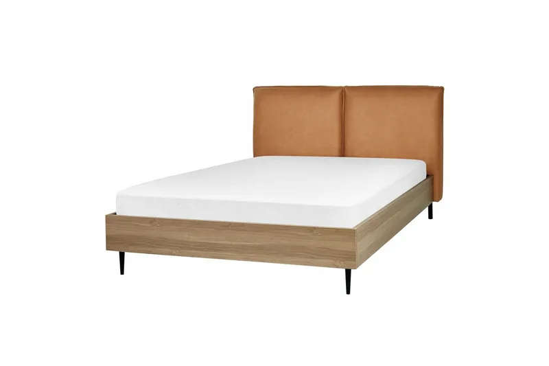 Seng med lamellramme Limanton, Brun, lyst tre, svart/kunstlær, Brun, lys tre, svart/Kunstskinn, 140x200 cm