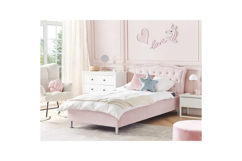 Seng med lamellramme Metz - Rosa, Sølv/Velur, Rosa, Sølv/Fløyel, 90x200 cm - Møbler - Senger - Sengeramme & sengestamme