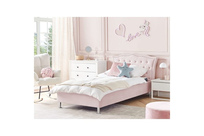 Seng med lamellramme Metz - Rosa, Sølv/Velur, Rosa, Sølv/Fløyel, 90x200 cm - Møbler - Senger - Sengeramme & sengestamme