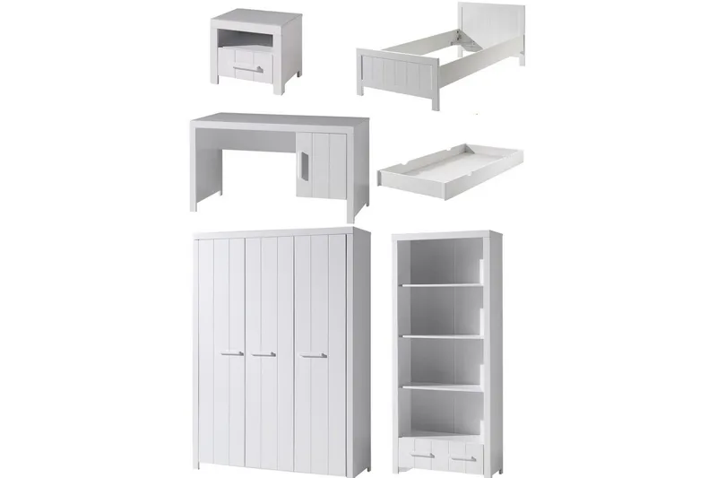 Seng med nattbord 3-dørs garderobeskap Skrivebord Bokhylle Skuff Erik