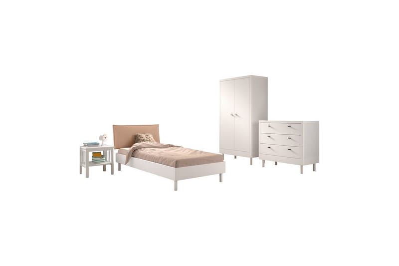 Seng med nattbord garderobe Forrest kommode med 3 skuffer Hvit Bøk, Hvit Bøk