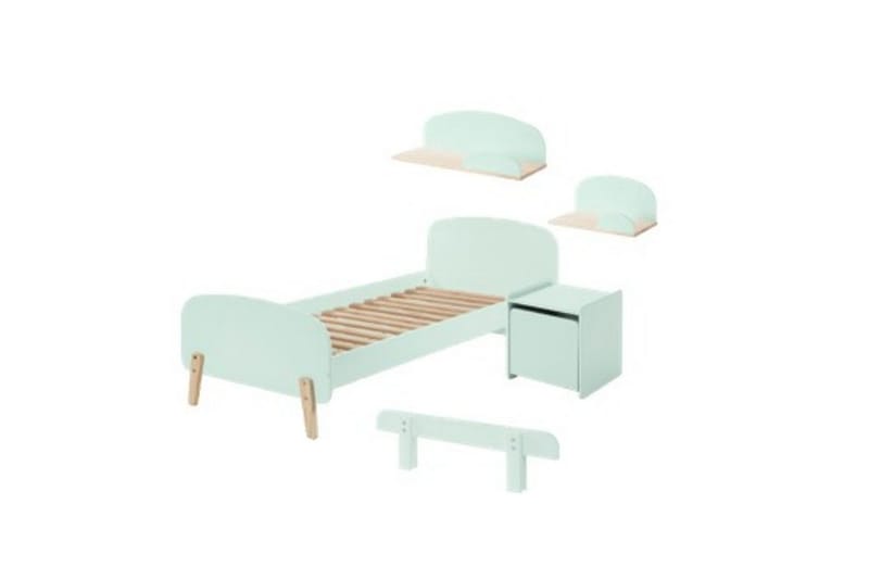 Seng med nattbord Vegghyller Sikkerhetsrail Kiddy Mintgrønn, Mintgrønn