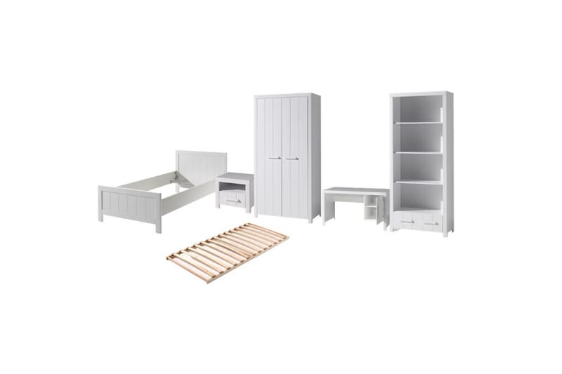 Seng med ribbebunn nattbord to-dørs garderobe skrivebord bokhylle Erik