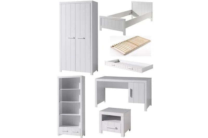 Seng med ribbebunn nattbord to-dørs garderobe skrivebord bokhylle skuff Erik