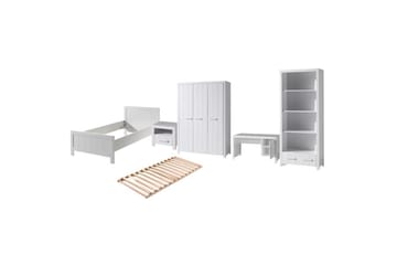 Seng med ribbebunn nattbord tre-dørs garderobe skrivebord bokhylle Erik - Møbler - Senger - Møbelsett til soverom