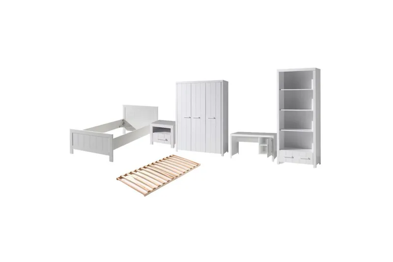 Seng med ribbebunn nattbord tre-dørs garderobe skrivebord bokhylle Erik