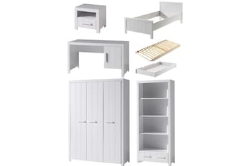 Seng med ribbebunn nattbord tre-dørs garderobe skrivebord bokhylle skuff Erik - Møbler - Senger - Møbelsett til soverom