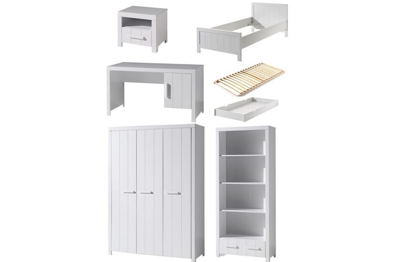 Seng med ribbebunn nattbord tre-dørs garderobe skrivebord bokhylle skuff Erik