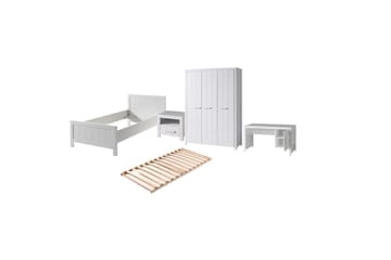 Seng med ribbebunn nattbord tre-dørs garderobe skrivebord Erik - Møbler - Senger - Møbelsett til soverom